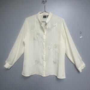 Laura Scott Cream Embroidered Sheer Front Button Women's Blouse - Size 16 - NWT